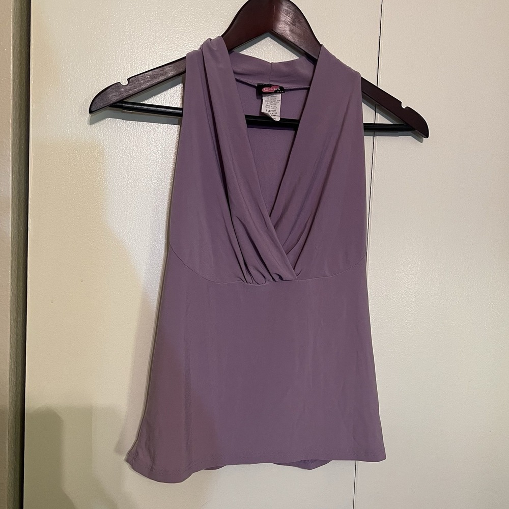 VTG Gabi USA Y2K Halter Top L Purple Ruched Draped V Neck Clubwear Fairy Grunge
